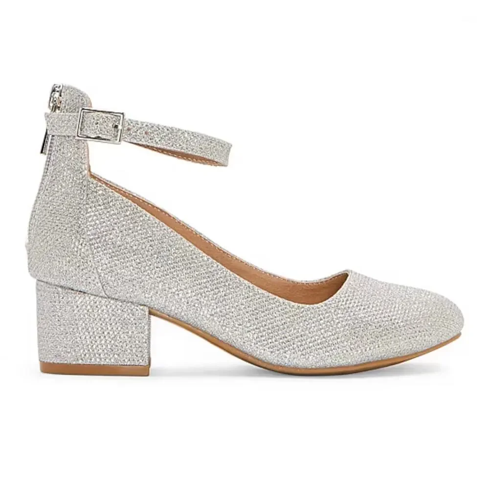 NEW! Christie & Jill Layla Silver Sparkle Girls Shoes Block Heel Pumps Size 11M